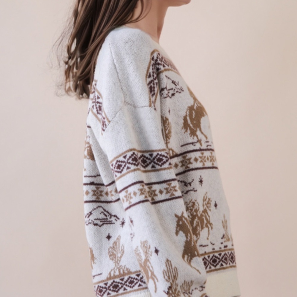 White and Brown Horse Pattern Sweater-NWT - Picture 2 of 4
